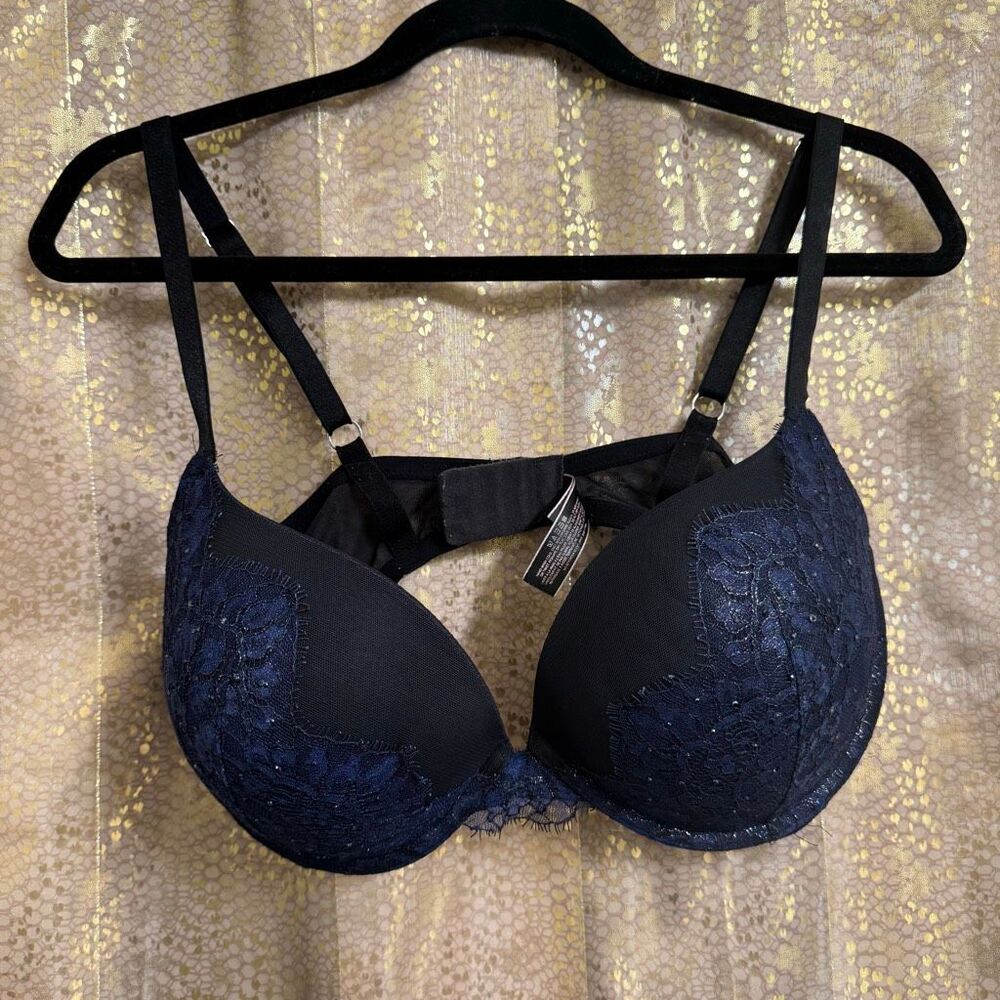 Victorias Secret Very Sexy Pushup Navy Blue Black Lace Rhinestone Bra 38DD